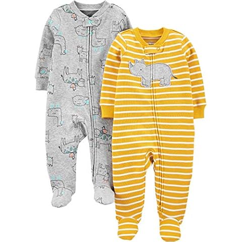 Simple Joys by Carter's Baby Boys' 2-Way Zip Cotton Footed Sleep and Play, Pack of 2, Yellow/Grey, Rhino, 3-6 Months Cover