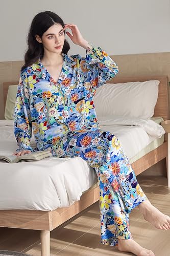 Image of YiNi LuLu Womens Silk Satin Pajamas Set Button Down 2 Piece Pjs Long Sleeve Oversized Sleepwear with Pockets