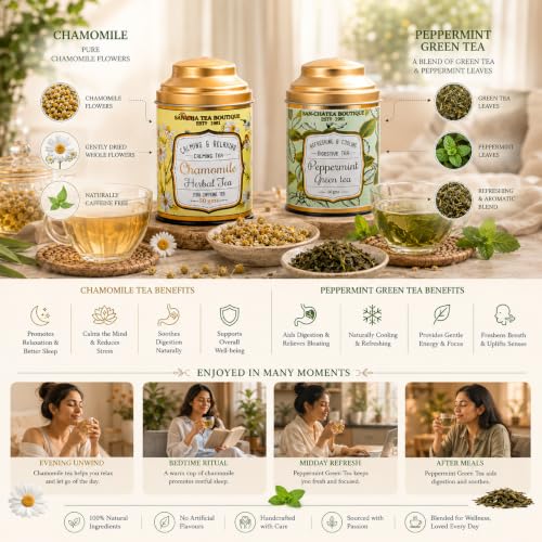 Image of Sancha Tea Boutique, Tea Combo Pack, Chamomile Herbal Tea (50g) & Peppermint Green (100g), Loose Leaf Blends, Caffeine Free Herbal Tisane & Refreshing Calming Drinks