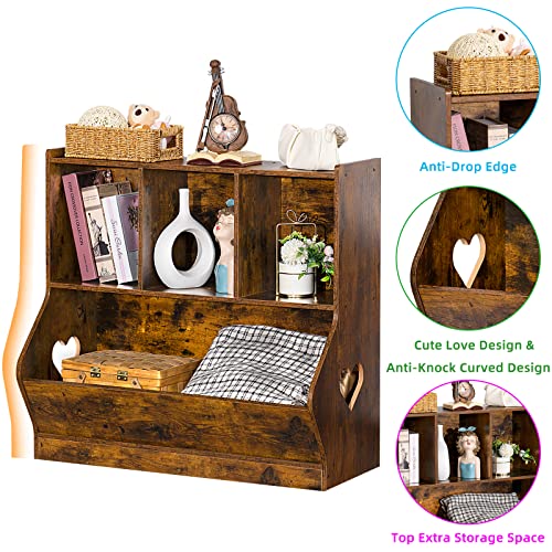 Lerliuo Kids Toy Storage Organizer, Children Small Bookcase And Bookshelf, Toddler 4 Cubby Toy Storage Cabinet, Toy Shelf For Playroom, Bedroom, Living Room, Nursery, School 29.53'' H (Brown) #TOP5