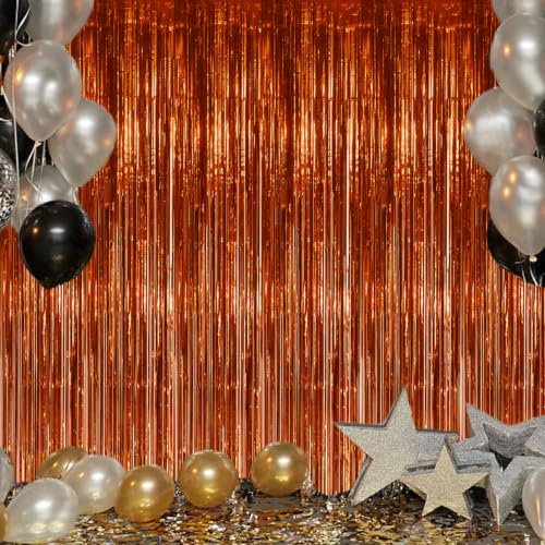 Image of DECOCKRAT 3 Pack Foil Fringe Backdrop - Bronze Shiny Tinsel Curtains for Party Decoration /Photo Booth Props - 3.3x8.2 FT Metallic Foil Backdrop for Birthday, Wedding, Graduation, Christmas.