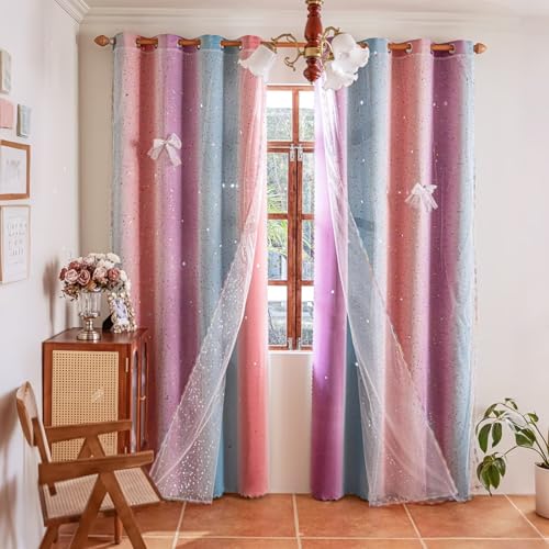 Image of 52x95 Mix & Match Double Layer Laser-Cut Stars Gradient Blackout Curtains with Foil Print Sheer, 2 Panels Set - Purple Blue Pink