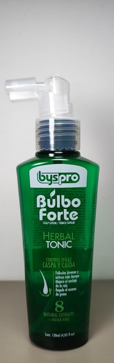 Byspro Bulbo Forte Scalp Health Herbal Tonic 8 Natural Extracts Hair Loss Control and Dandruff | Bys Pro Tonico Capilar Herbal para Cabello Control Frizz Caspa y Caida 4.05oz-120ml
