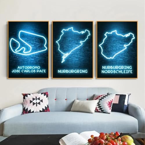Peinture F1 neon bleu pour moderniser un mur vide grand triptyque noir de salon 40x60cmx3