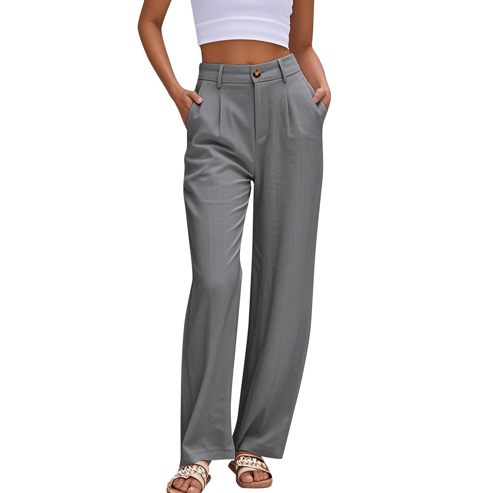 Womens High Waisted Wide Leg Trousers with Button Closure Stylish Business Casual Dress Pants S Grey
