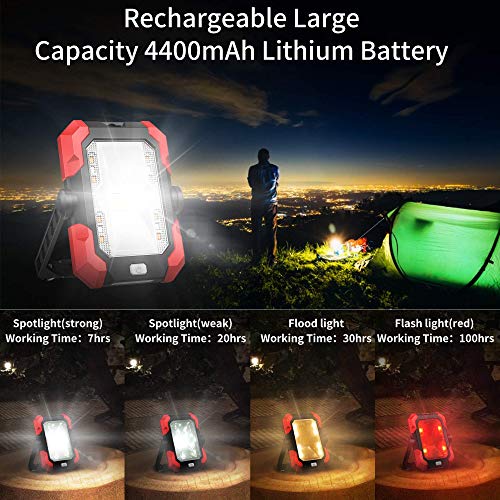 Portable Work Lights, 4400 mAh Solar LED Work Lights Outdoor Camping Lights, 4 Brightness Modes Waterproof LED Flood Lights with Stand for Construction Site, Jetty, Workshop, Garage