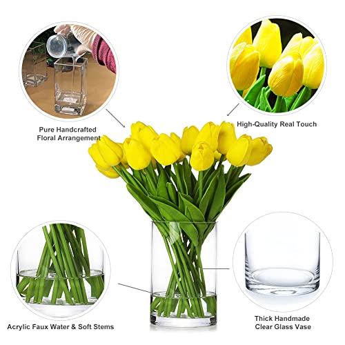 Enova Floral 20 Pieces Yellow Real Touch Tulips Artificial Flowers In Vase, Fake Tulips Arrangements With Vase And Faux Water For Home Wedding Decoration, Dining Table (Yellow) #TOP2
