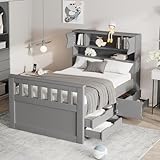 Merax Twin Size Platform Bed, Captain Bed Frame with 4 Storage Drawers and Bookcase and Shelves, Multi-funtional Storage Bed, Grey