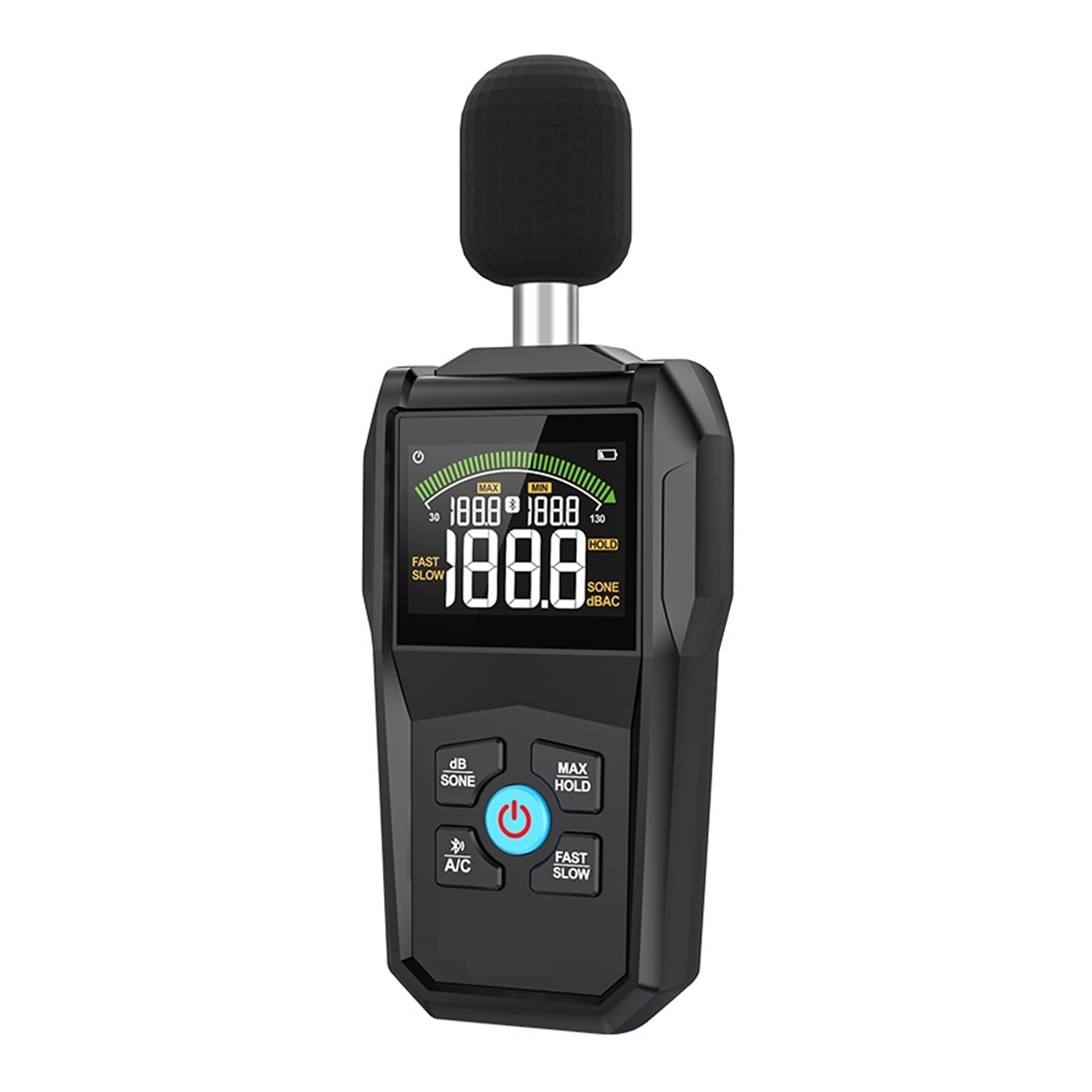 Décibel mètre, Compteur de bruit Bluetooth, affichage couleur, taux d'échantillonnage rapide et lent, moniteur Microphone capacitif 30-130dB