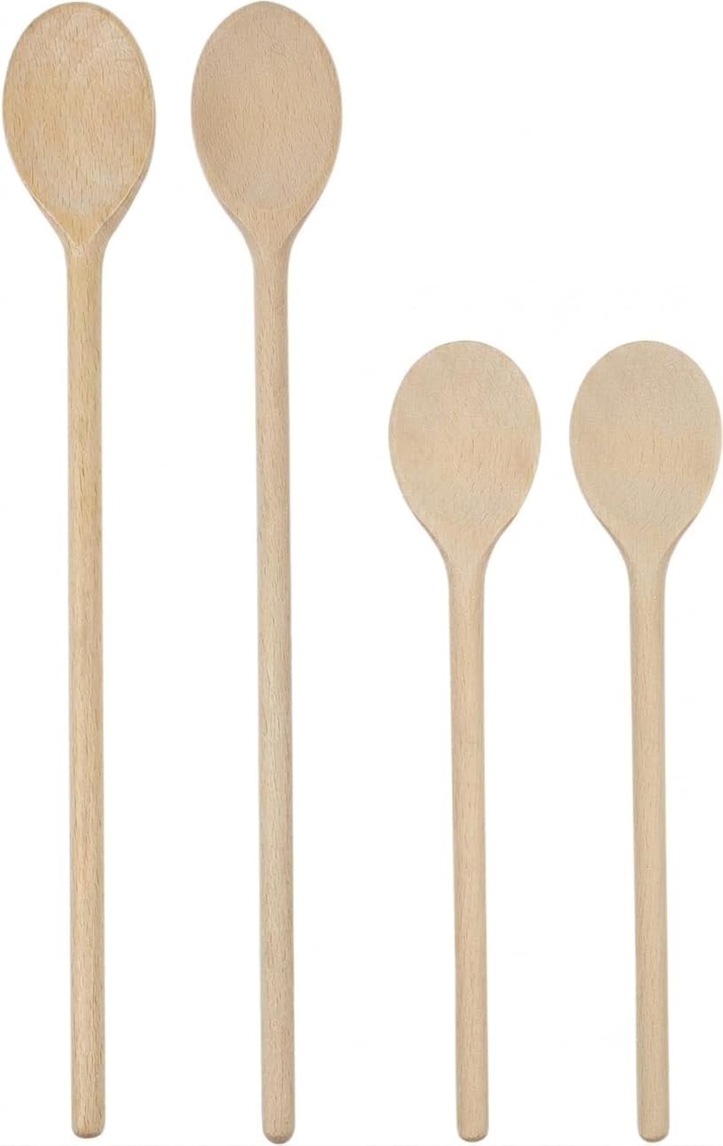 Wooden Spoons for Cooking (Set of 4) 10-12" (25-30cm) European Beechwood - Oval Mixing Spoons, Safe for Non-Stick, Durable Solid Wood Utensils