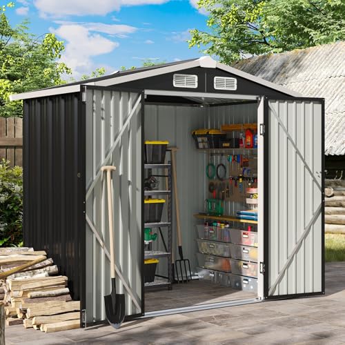 Aoxun 6x4 FT Outdoor Storage Shed, Metal Garden Tool Shed with Sloping Roof & Lockable Door for Patio Lawn Backyard, Black