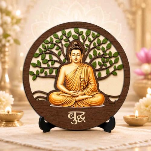 Image of Buddha Round Wooden Devotional Idol with Stand for Puja Room, Home Decor & Religious Gift - 5x5 Inch