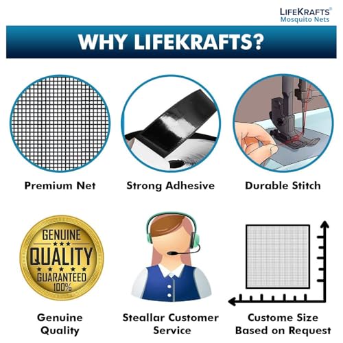 Image of Lifekrafts Standard Size Window Mosquito Net (Size-80x100cms /32x39 Inches /2.62x3.28 Feet, Color-Black) 120 GSM Stitched Fiberglass Net with Strong Hook & Loop Adhesive Tape