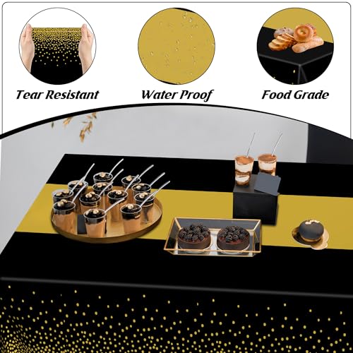 Image of QZYL 12Pack Plastic Table Cloth Disposable, 54 inch x 108 inch Waterproof Black Table Cloths with Gold Dots, Outdoor Tablecloth for Rectangle, Table Cloth Cover for New Years Eve Decorations Holiday Birthday