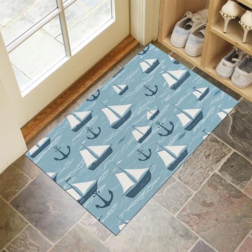 CEDNXOER Felpudo Entrada Casa 45 x 75 cm, Alfombra Entrada Casa Interior Antideslizante Simple Velero Ancla, Lavable Felpudo de Alfombrilla Navegación, Interior Tapete Azul Claro
