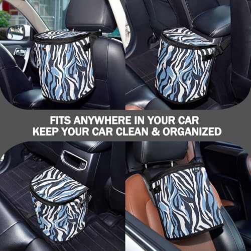 Image of Car Trash Can Blue and White Zebra Car Garbage Bag with Lid Hanging Waterproof Leak Proof Vehicle Storage Bin