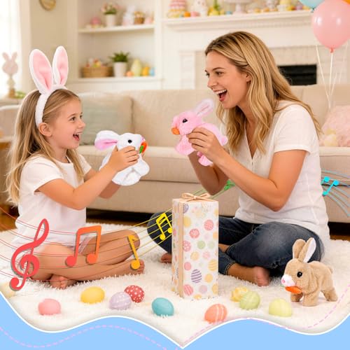 Asslye Elektrischer Osterhase Plüschtier, Interaktives Kaninchen mit Geräuschen & Beweglichen Ohren, Hüpfendes Spielzeug für Ostergeschenk, Krabbelnder Stoffhase für Kinder ab 1 2 3 Jahre