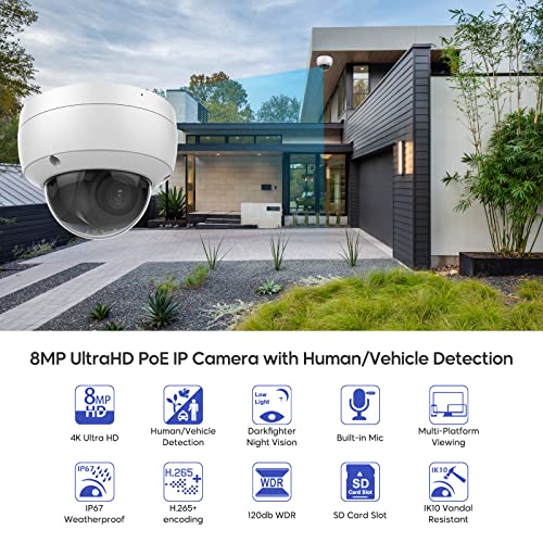 4K 8Mp Outdoor Poe Ip Dome Camera With 2.8Mm Lens, Smart Human/Vehicle Detection, Built-In Mic, 98Ft Ir Night Vision, H.265+, Vca, Sd Card Slot, Ip67, Ik10, Compatible With Hikvision Ds-2Cd2183G2-Iu #TOP1