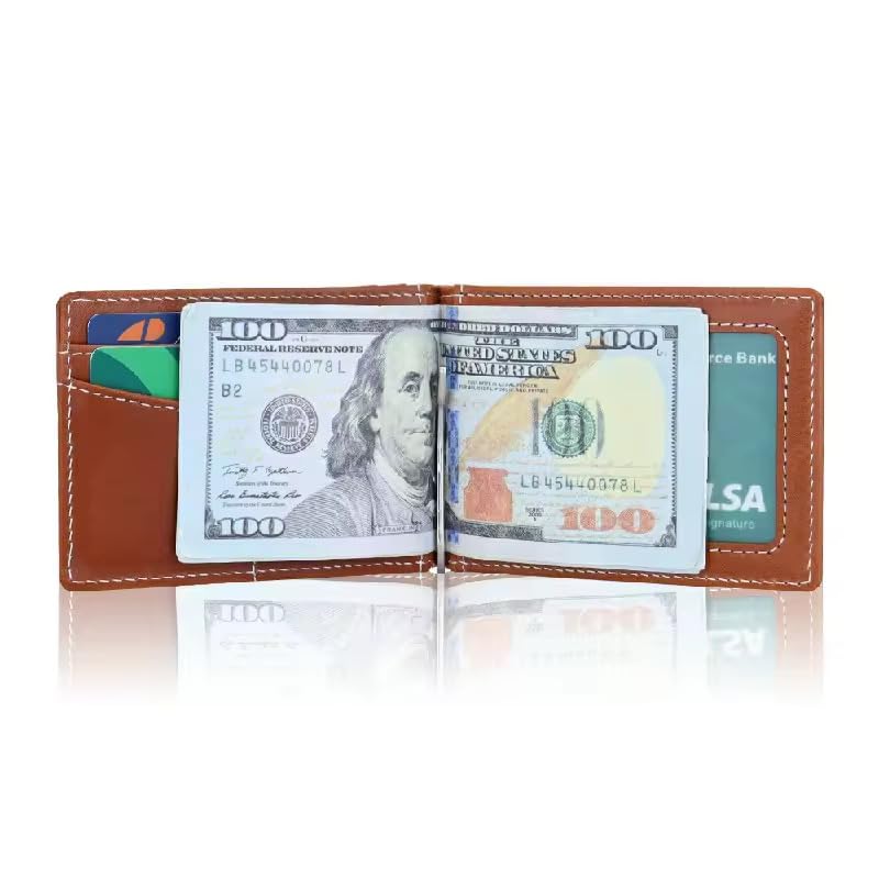 Image of Genuine Leather Slim Wallet | RFID Blocking Bifold Men's Purse | Front Pocket Card Holder | 9 Card Slots, 1 ID Window | Card Puller, 2 Hidden Pockets | Travel and Office Carry (B Tan)