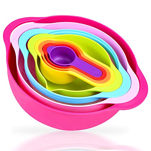 Supkiir 8 Piece Mixing Bowl Set Colorful Plastic Kitchen Bowls Colander Mesh Strainer with Handles Measuring Cups for Baking Cooking