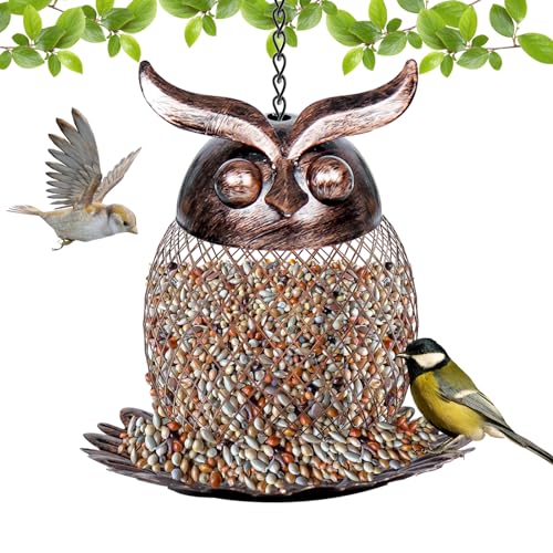MeyRolizn Bird Feeders for Outdoors, Metal Hanging Wild Birdfeeder with Hook for Outside Garden Yard Decor, Owl Shaped Mesh Bird Seed Feeder for Bluebird Cardinal Finch Sparrow Blue Jay