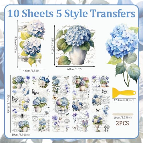 WANDIC 10 Sheets Rub On Transfer Stickers Vintage Blue Floral Decals Waterproof Stickers Furniture Windows Craft Decals for Home Office,11.8 * 3.9in - Image 2