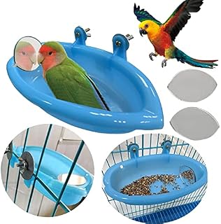 Upgraded Bird Bath Tub Bowl Basin with Rotatable Double-Sided Mirror Hanging Birdbath Toy Pet Cage Water Shower Food Feeder for for Small Birds Parrot Budgie Parakeet Cockatiel Cage Accessory