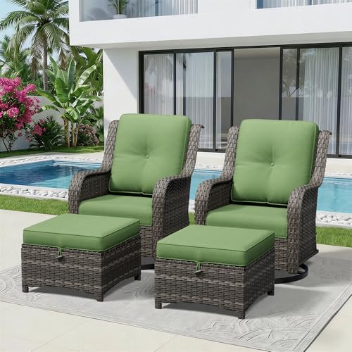 Image of 4 Piece Outdoor Wicker Patio Furniture Set, Outdoor Swivel Rocker Patio Chairs Set with Thickened Olefin Cushions, High Back and Deep Seating, Hand-Woven PE Rattan, Ottoman for Porch, Deck