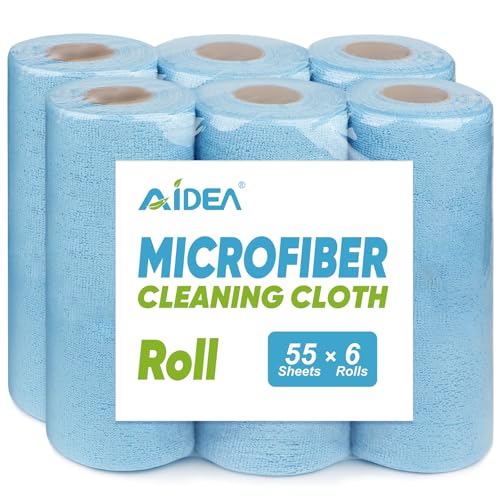 AIDEA Microfiber Cleaning Cloth, Shop Towels 330 Sheets 6 Roll, Microfiber Towels for Cars, Blue Shop Rags Washable, Cleaning Rags Reusable Paper Towels for Automotive, Workshops, House,11×9