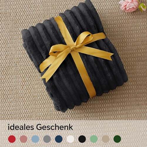 BEDELITE Kuscheldecke Flauschig Decke Klein - weiche Flanell Decken Schwarz 125x150 für Sofa, Deko Streifen Cord Fleecedecke als Sofaüberwurf für Wohnzimmer, Throw Blanket Wide Use