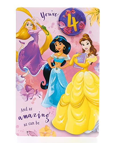UK Greetings Cartão de aniversário número 4 da Disney para ela/menina, presentes de feliz aniversário, para ela, meninas, mulheres, design de princesa com Rapunzel, Jasmim e Belle, com envelope, 143 x