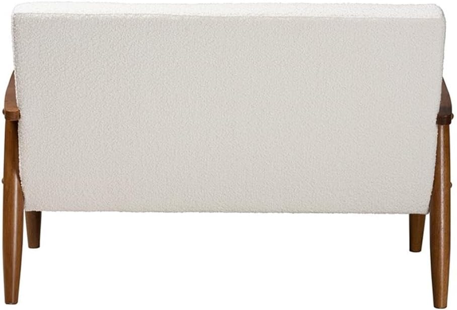 BOWERY HILL Mid-Century Modern Loveseat, Cream Boucle Fabric, Walnut Brown Rubberwood Frame, Channel-Tufted Design, 49.4" W x 29.7" D x 33.3" H, Tapered Legs, Upholstered Living Room Seating