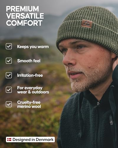 Image of DANISH ENDURANCE Merino Wool Beanie for Men & Women, Fleece Lined Hat, Soft, Stretchy, Fisherman Beanie, Warm Wool Hat