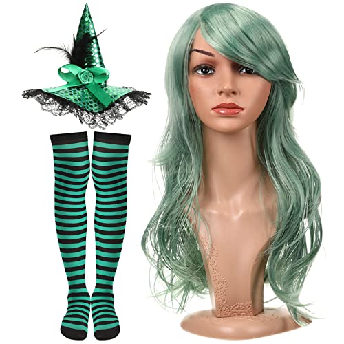 Jagely 3 Pieces Halloween Witch Costume For Women, Striped Thigh High Socks Curly Wig Halloween Witch Sequins Headband For Cosplay cover