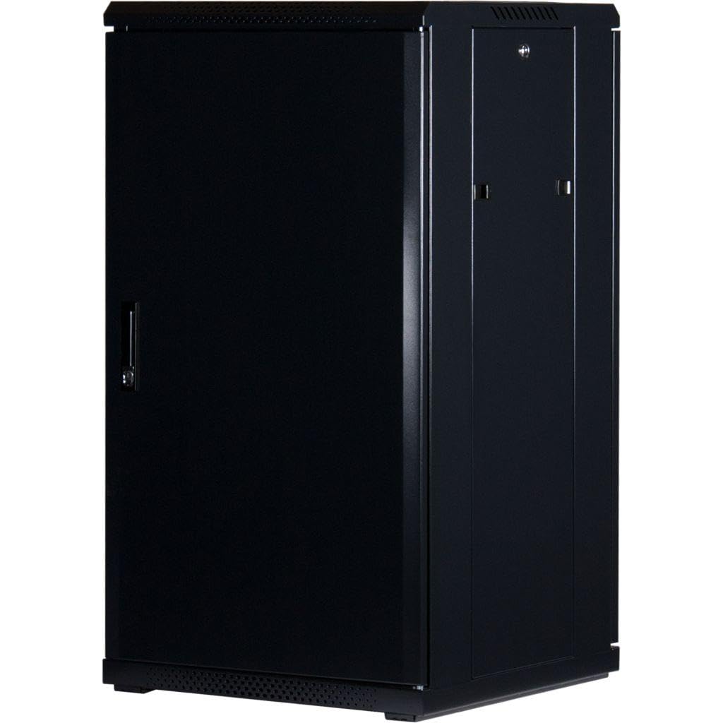 Rockstable 22HE 19 Zoll Serverschrank Netzwerkschrank (BxTxH) 600x600x1200mm mit Glastür - Türanschlag wechselbar - Türen und Seitenwände abnehmbar und verschließbar - Schwarz (RAL 9005)