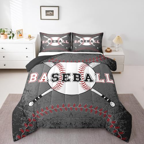 Image of Feelyou Baseball Comforter Set King Size Kids Softball Comforter for Boys Girls Teens Sports Game Grey Bedding Set Sports Theme Quilt Set