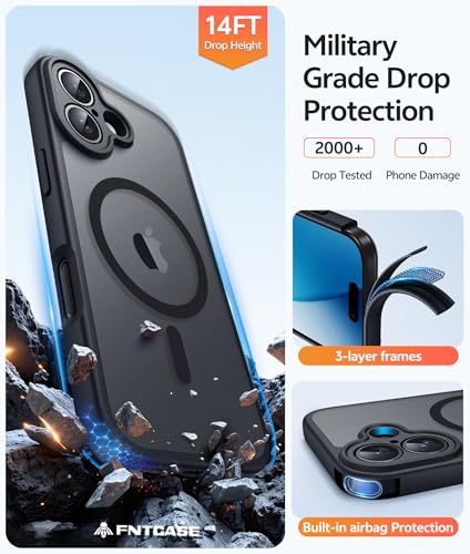 Image of FNTCASE for iPhone 17 Case: [Compatible with Magsafe] Translucent Matte Cases with [Full Camera Protection] [Screen Protector] Military Grade Shockproof Protective Phone Cover - Black