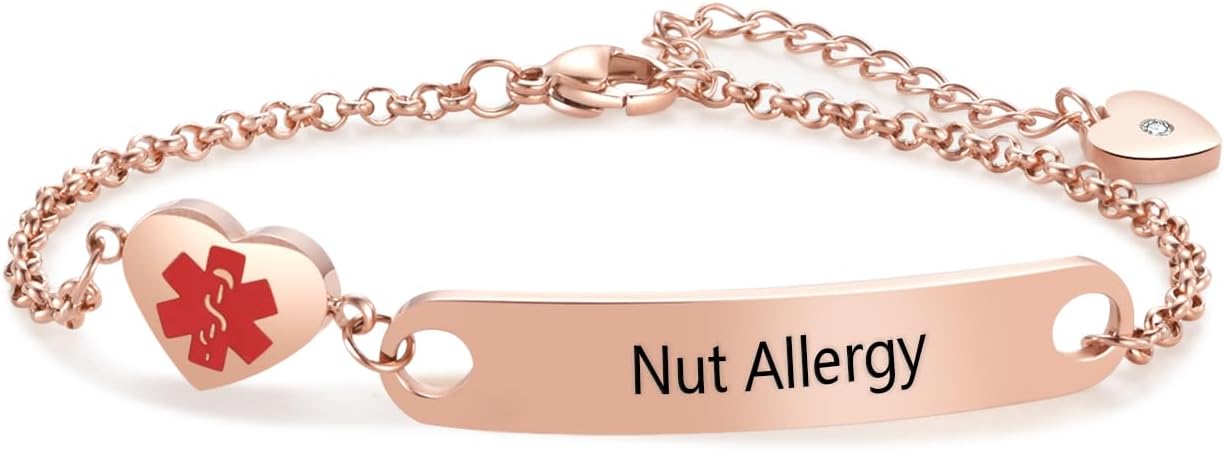 Heart Medical Alert ID Bracelet for Women Girls Emergency First Aid Stainless Steel Adjustable Chain Bracelets