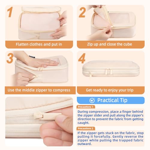 Image of BAGAIL 4 Set /6 Set /8 Set Compression Packing Cubes Travel Accessories Expandable Packing Organizers (Square Mesh, 05-Cream)