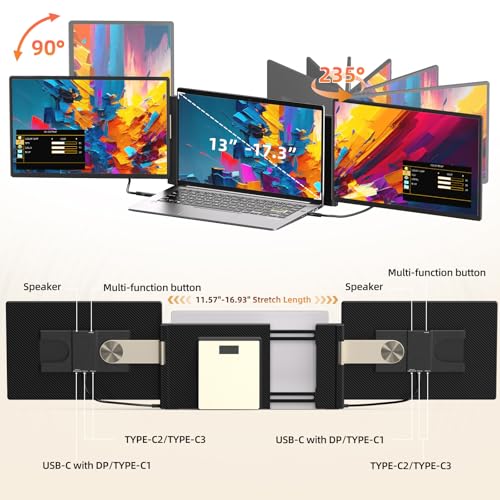 Image of Laptop Screen Extender 2.5K Monitor - 16 inch Double Portable Monitor 2560x1600P QHD 100% sRGB IPS 235 Rotation Detachable Screen Design Extra Compatible with Mac Wins Dex Chrome Fits 13 inch-17 inch Laptops