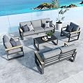 Aluminum Outdoor Patio Furniture Set with Height-adjustable Footrest for Lawn Porches Patio, 7-Seats All-weather Patio Sofa Sets with Coffee Table, Modern Outdoor Patio Conversation set, Grey