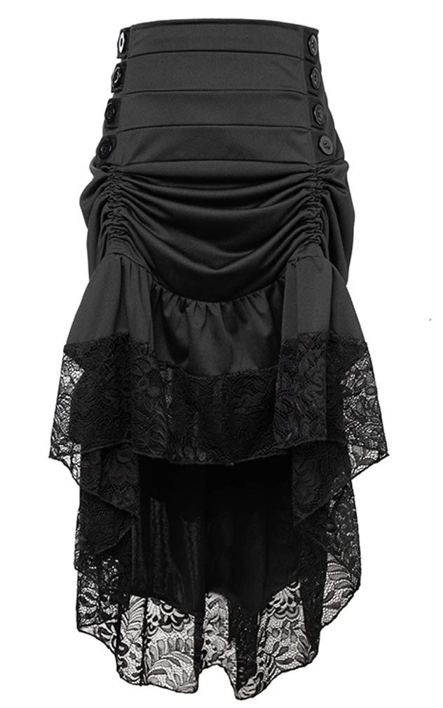 Charmian Women's Steampunk Victorian Gothic Lace Trim Ruffled High Low Skirt