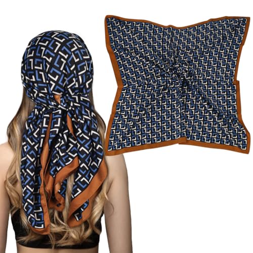 EXTREE Fashion Silky Satin Headscarf for Women Girls: Exquisite Pattern Lightweight Silk Graceful Scarfs 27.5 x 27.5 inches L Shaped Blue