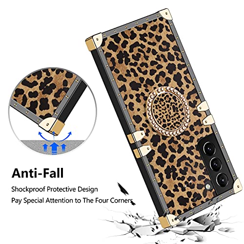 Wollony For Galaxy S21 Fe Case Luxury Square Case With Kickstand Ring Stand Holder For Women Girls Metal Corner Soft Tpu Full Body Shockproof Protective Cover For Samsung Galaxy S21 Fe 5G Leopard #TOP5