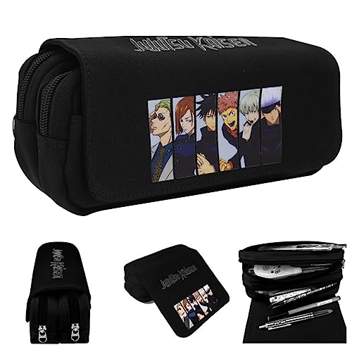 Image of Fancyku Jujutsu Kaisen Polyester Pencil Case, Anime Pencil Pouch, Cartoon Prints Pen Pouch, Large Capacity Pu Pencil Bag Stationery Organizer, Students Gift Children's Day Gift School Gift (Black)