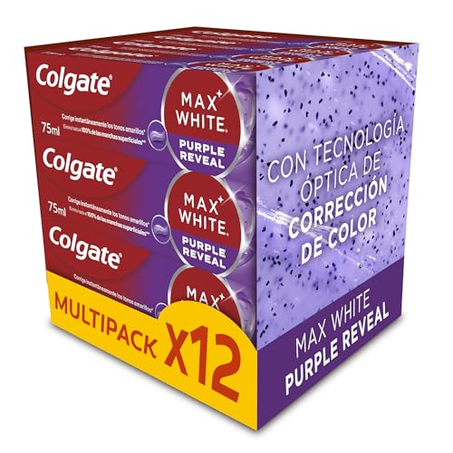 Colgate Max White Purple Reveal Pasta de Dientes Blanqueadora, 12 Uds x 75ml, Dentífrico Blanqueador de Dientes con Tecnología de Corrección Óptica del Color, Corrige al instante* los Tonos Amarillos