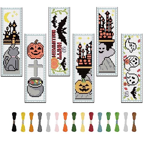 Image of FREEBLOSS 6 Set Cross Stitch Bookmark Kit Halloween Embroidery Bookmarks Stamped Embroidery Bookmark with Instruction Counted Cross Stitch Kit for Gift Adults 8''x2.4''