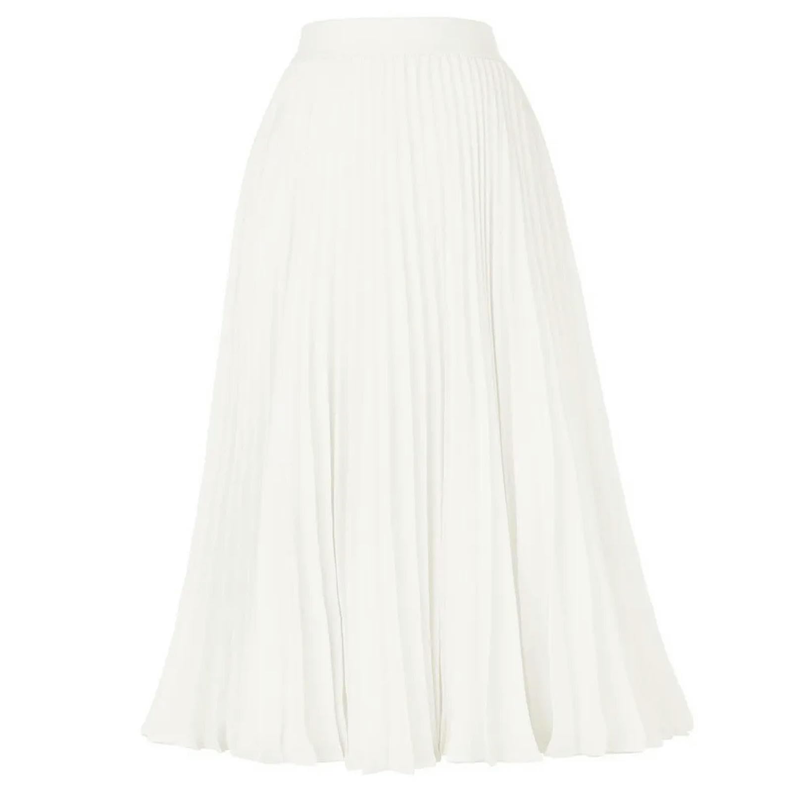 Eleganter Midi-Rock für Damen, hohe Taille, plissierter A-Linien-Rock, knielanger Rock, Mädchenkleidung, Elfenbein, L