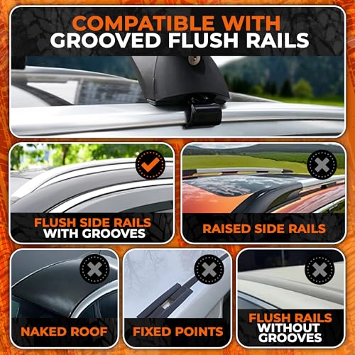 Image of RoofPax Car Roof Rack Cross Bars 53 inch for Flush Side Rails Adjustable Fit with Straps Set of 2 Aluminum Rust Resistant Crossbars with 150lbs Load Capacity Fits Cars with Grooved Flush Rails