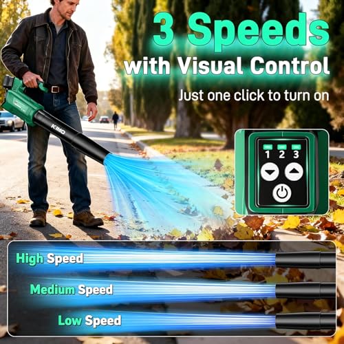 Image of KIMO Leaf Blower Cordless with Battery and Charger, 800CFM /300MPH, Precision Adjustment Handle, 3Speeds w / Visual Panel, Lightweight, 2 Extended Tube, 2* 2.0 Battery Powered Leaf Blowers for Lawn Care